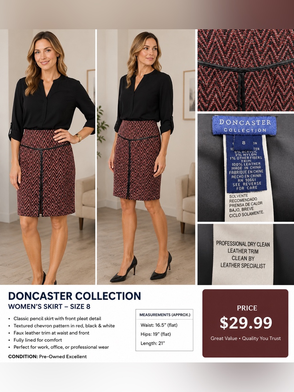 Doncaster Collection Red Black‎ Chevron Tweed Skirt Leather Trim Size 8 Pencil